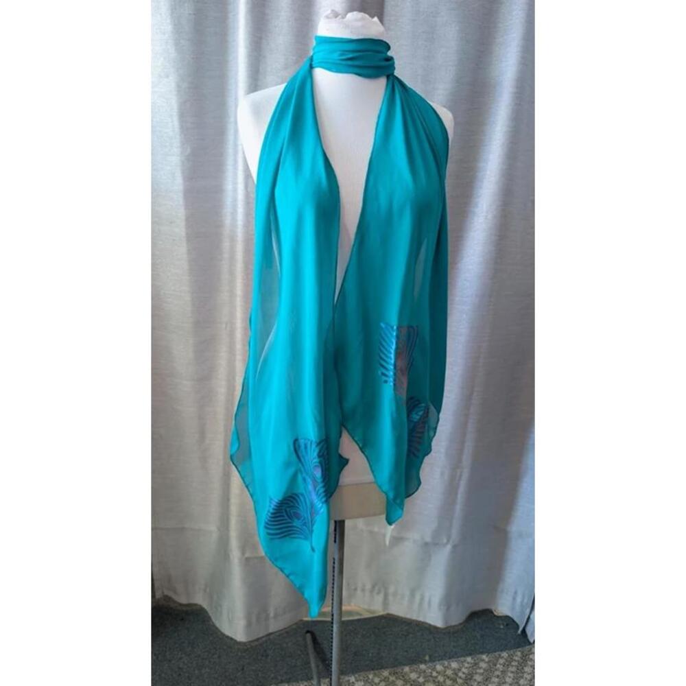 Long Teal Chiffon Peacock Feather Scarf